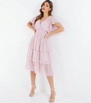 QUIZ Pink Glitter Chiffon Tiered Midi Dress